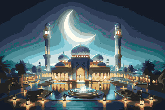 Moonlit Serenity: Mosque under the Crescent Night